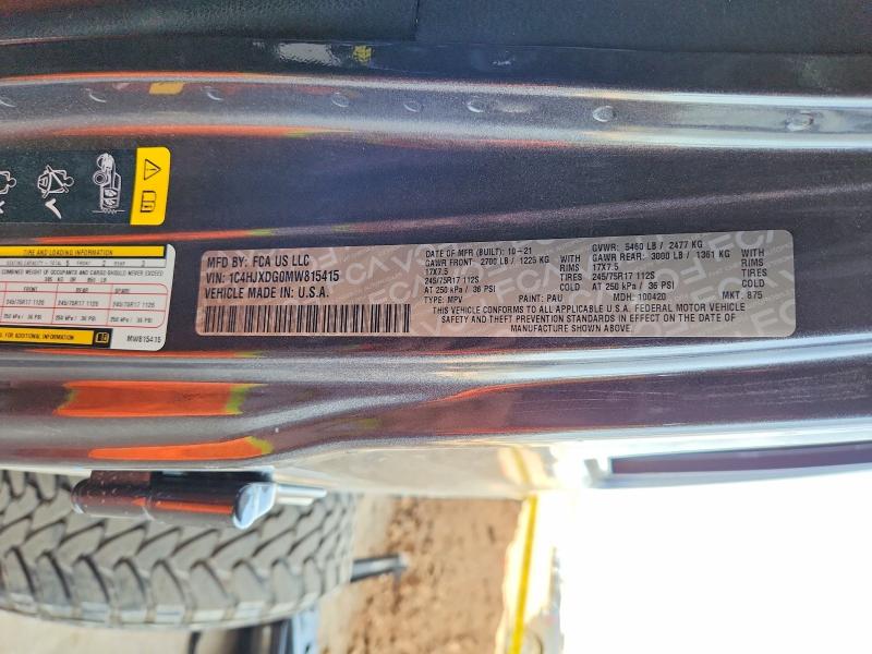 2021 Jeep Wrangler Unlimited მანქანა იყიდება აუქციონზე, vin: 1C4HJXDG0MW815415, აუქციონის ნომერი: 51019576