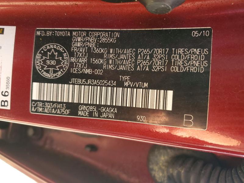 49973126 :رقم المزاد ، JTEBU5JR3A5025434 vin ، 2010 Toyota 4runner مزاد بيع