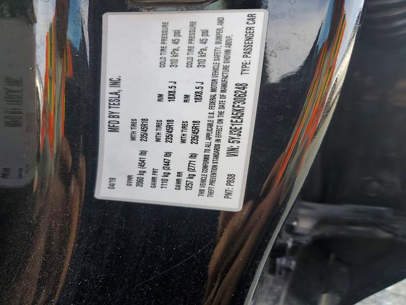 47753656 :رقم المزاد ، 5YJ3E1EA5KF306248 vin ، 2019 Tesla Model 3 مزاد بيع