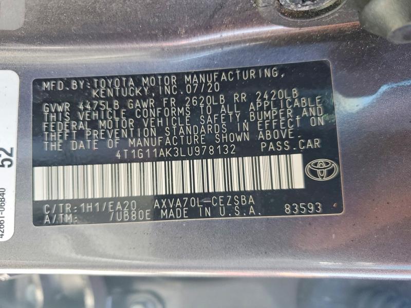 Aukcja sprzedaży 2020 Toyota Camry, vin: 4T1G11AK3LU978132, numer aukcji: 50052486