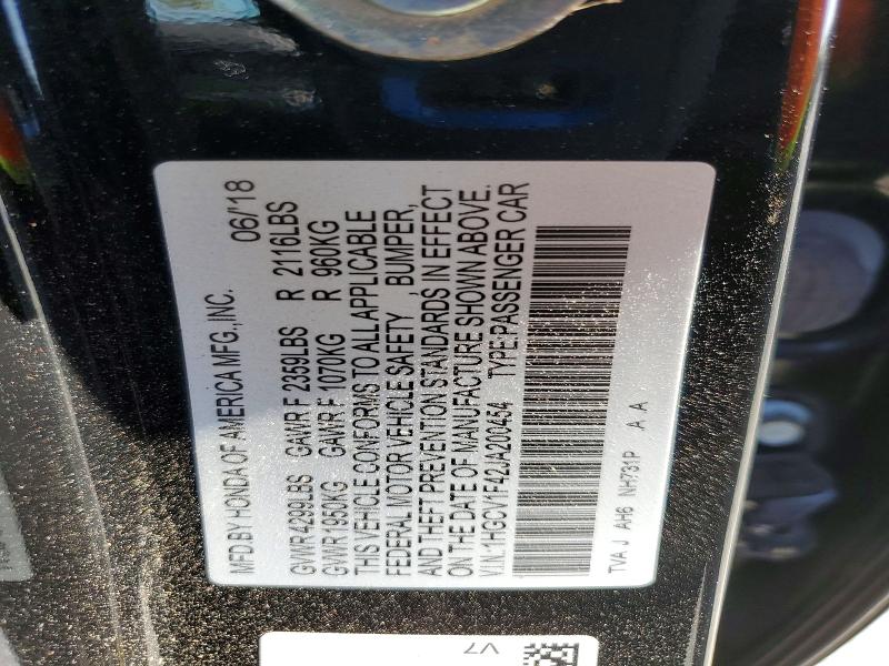 2018 Honda Accord მანქანა იყიდება აუქციონზე, vin: 1HGCV1F42JA200454, აუქციონის ნომერი: 50900526