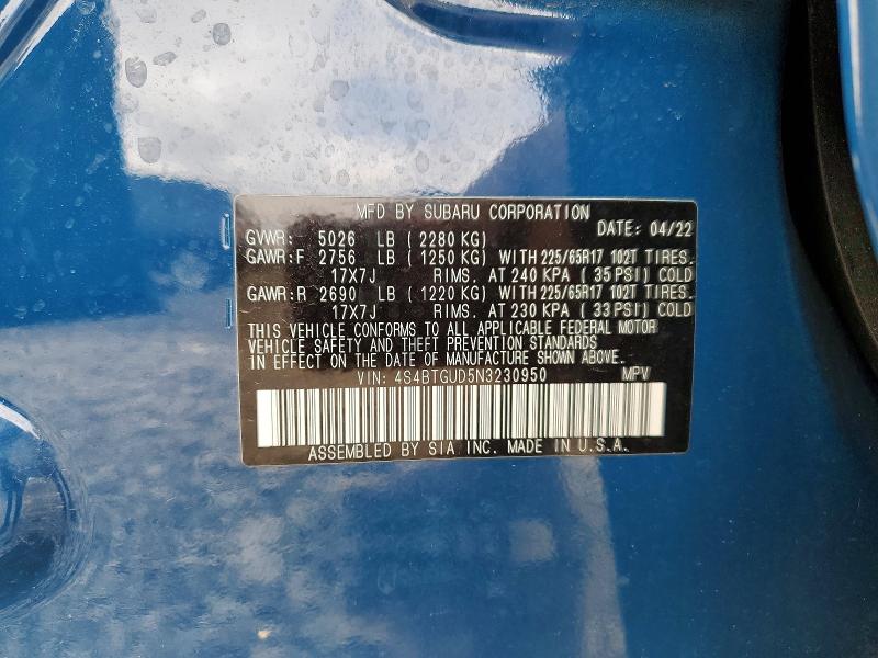 Aukcja sprzedaży 2022 Subaru Outback, vin: 4S4BTGUD5N3230950, numer aukcji: 51206216