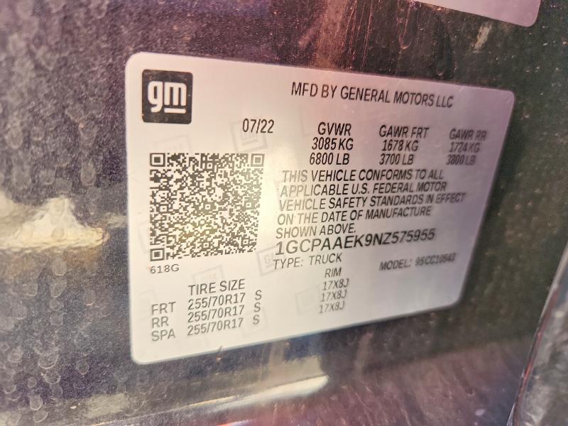 50746066 :رقم المزاد ، 1GCPAAEK9NZ575955 vin ، 2022 Chevrolet Silverado مزاد بيع