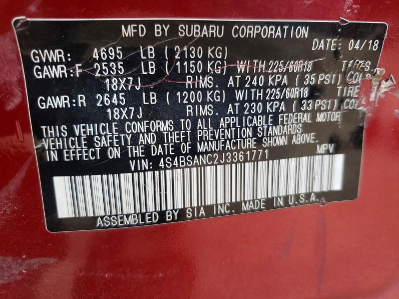 2018 Subaru Outback მანქანა იყიდება აუქციონზე, vin: 4S4BSANC2J3361771, აუქციონის ნომერი: 51263316