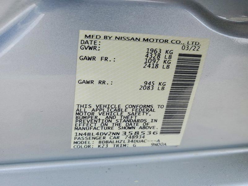 Продаж на аукціоні авто 2022 Nissan Altima, vin: 1N4BL4DV2NN358536, номер лоту: 48490786
