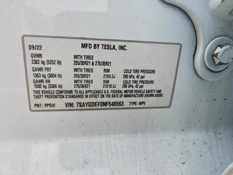 50800046 :رقم المزاد ، 7SAYGDEF0NF548563 vin ، 2022 Tesla Model Y مزاد بيع