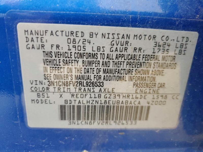 2024 Nissan Versa მანქანა იყიდება აუქციონზე, vin: 3N1CN8FV2RL926533, აუქციონის ნომერი: 50213796