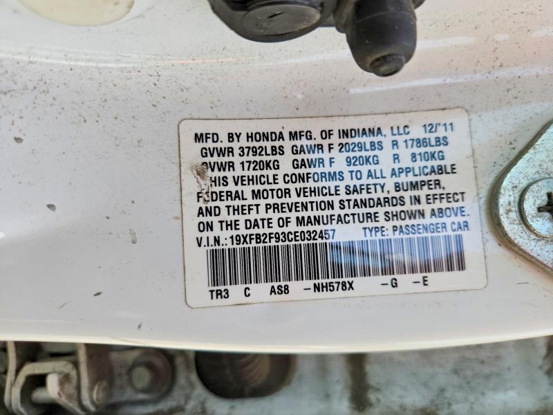 2012 Honda Civic მანქანა იყიდება აუქციონზე, vin: 19XFB2F93CE032457, აუქციონის ნომერი: 51873726