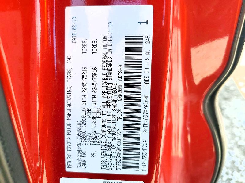 51127906 :رقم المزاد ، 5TFSZ5AN0KX187692 vin ، 2019 Toyota Tacoma مزاد بيع