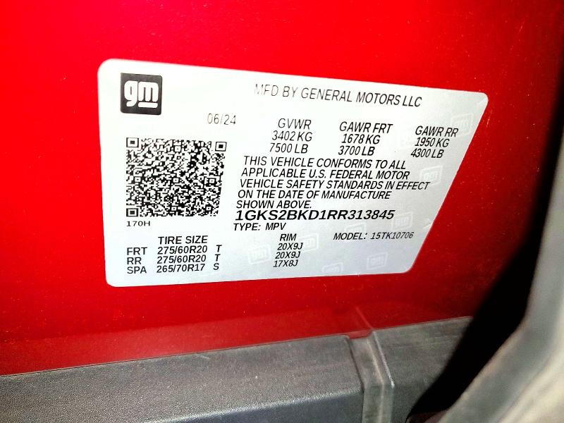 51008096 :رقم المزاد ، 1GKS2BKD1RR313845 vin ، 2024 Gmc Yukon مزاد بيع