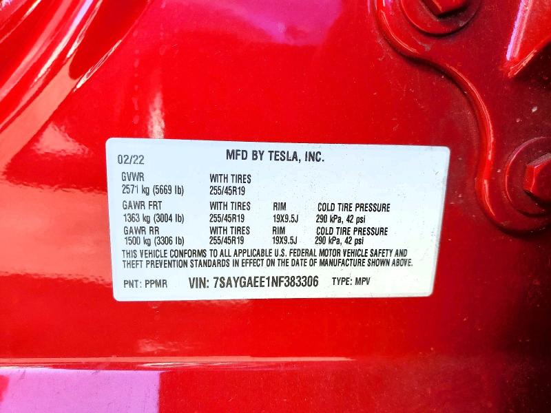 48696146 :رقم المزاد ، 7SAYGAEE1NF383306 vin ، 2022 Tesla Model Y مزاد بيع