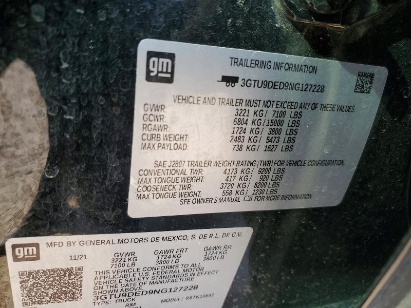47625556 :رقم المزاد ، 3GTU9DED9NG127228 vin ، 2022 Gmc Sierra Limited مزاد بيع