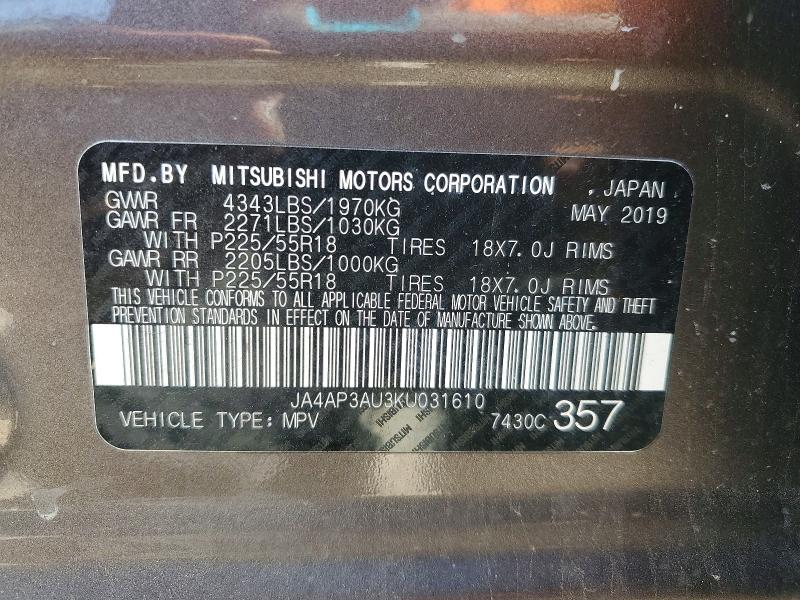 2019 Mitsubishi Outlander Sport მანქანა იყიდება აუქციონზე, vin: JA4AP3AU3KU031610, აუქციონის ნომერი: 48865986