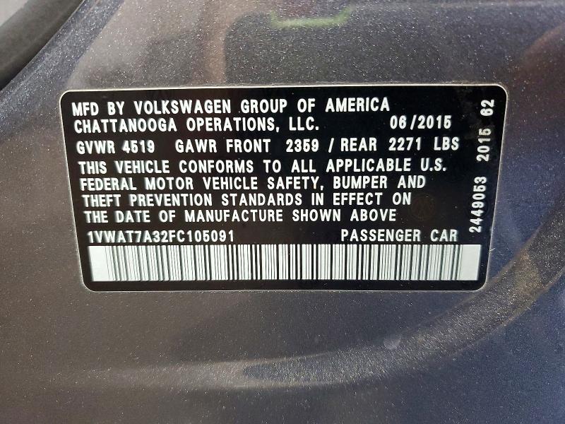 Продажа на аукционе авто 2015 Volkswagen Passat, vin: 1VWAT7A32FC105091, номер лота: 50889146