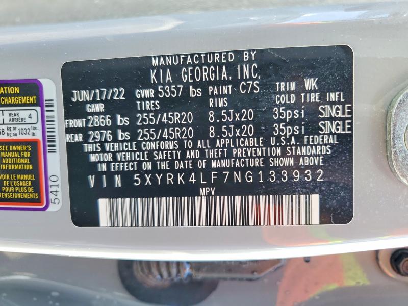 50257536 :رقم المزاد ، 5XYRK4LF7NG133932 vin ، 2022 Kia Sorento مزاد بيع