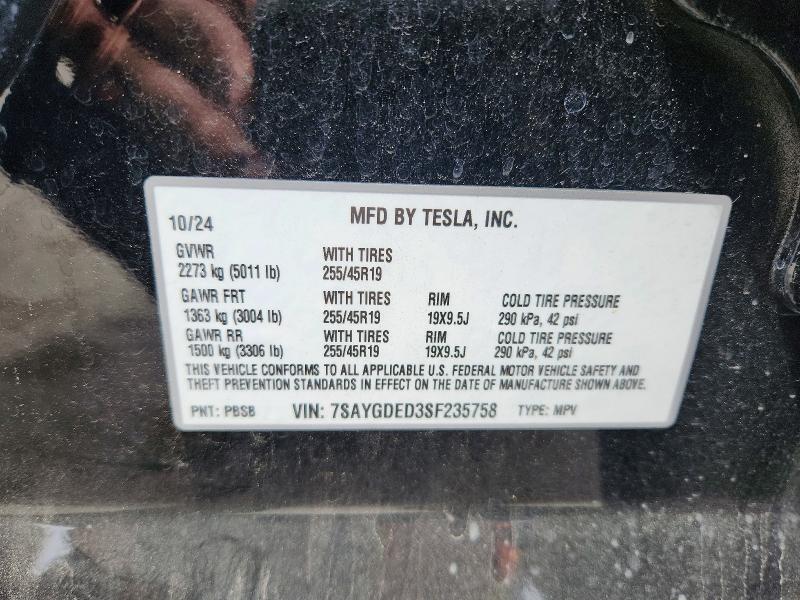 2025 Tesla Model Y მანქანა იყიდება აუქციონზე, vin: 7SAYGDED3SF235758, აუქციონის ნომერი: 49030356