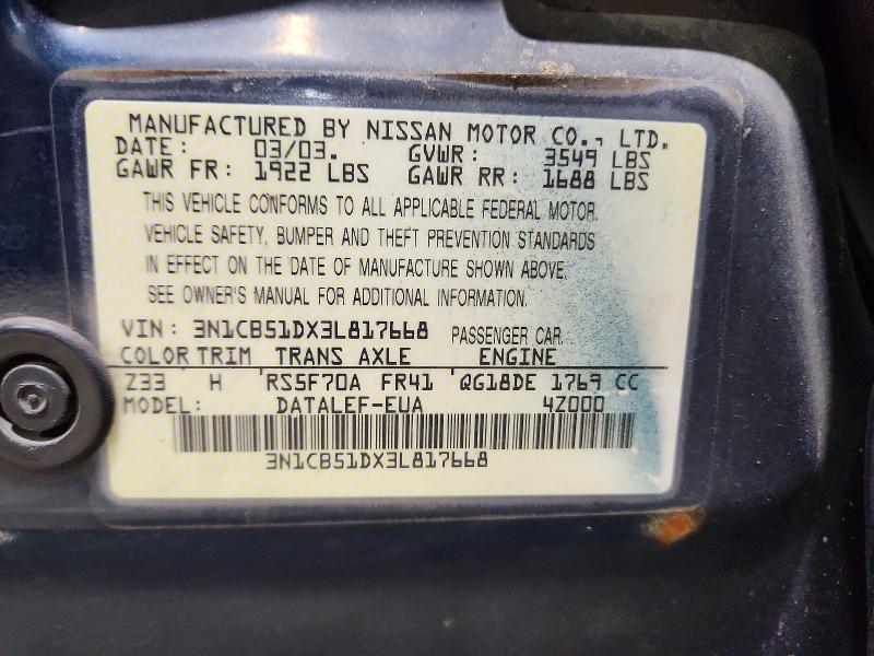 Auction sale of the 2003 Nissan Sentra, vin: 3N1CB51DX3L817668, lot number: 50173186