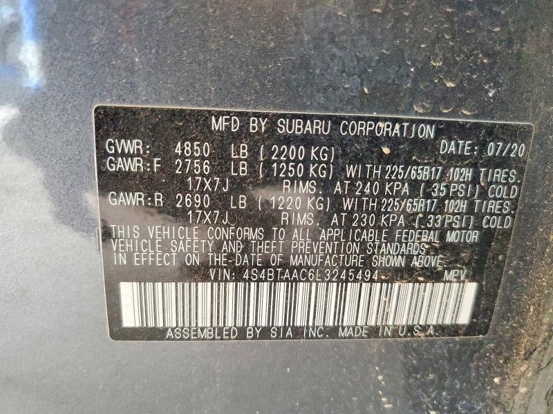 2020 Subaru Outback მანქანა იყიდება აუქციონზე, vin: 4S4BTAAC6L3245494, აუქციონის ნომერი: 78425675
