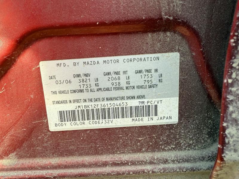 Продажа на аукционе авто 2006 Mazda 3, vin: JM1BK12F361504653, номер лота: 50728226