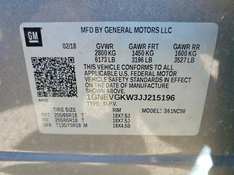 50452476 :رقم المزاد ، 1GNEVGKW3JJ215196 vin ، 2018 Chevrolet Traverse مزاد بيع