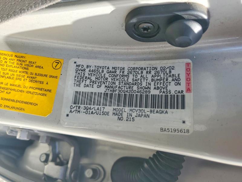 50409226 :رقم المزاد ، JTHBF30G420046289 vin ، 2002 Lexus Es مزاد بيع