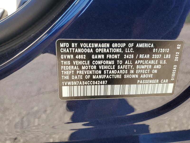 2012 Volkswagen Passat მანქანა იყიდება აუქციონზე, vin: 1VWBN7A34CC042487, აუქციონის ნომერი: 48564256