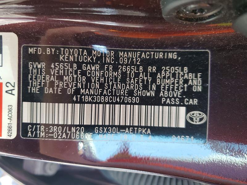Aukcja sprzedaży 2012 Toyota Avalon, vin: 4T1BK3DB8CU470690, numer aukcji: 50961896