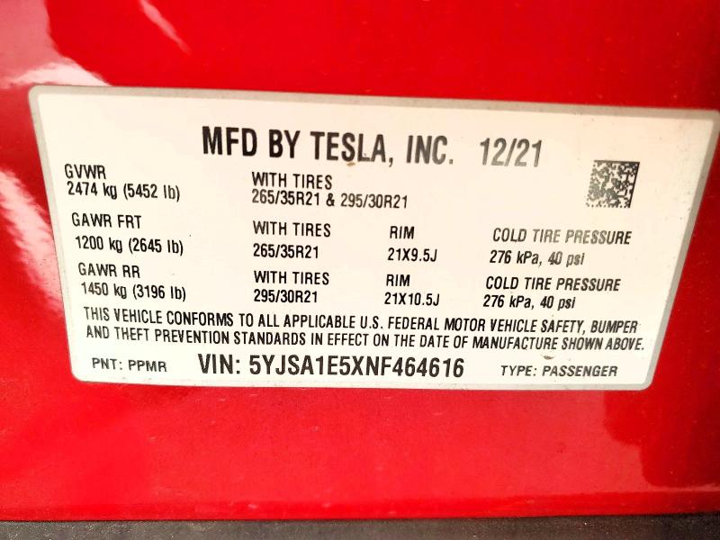51334286 :رقم المزاد ، 5YJSA1E5XNF464616 vin ، 2022 Tesla Model S مزاد بيع