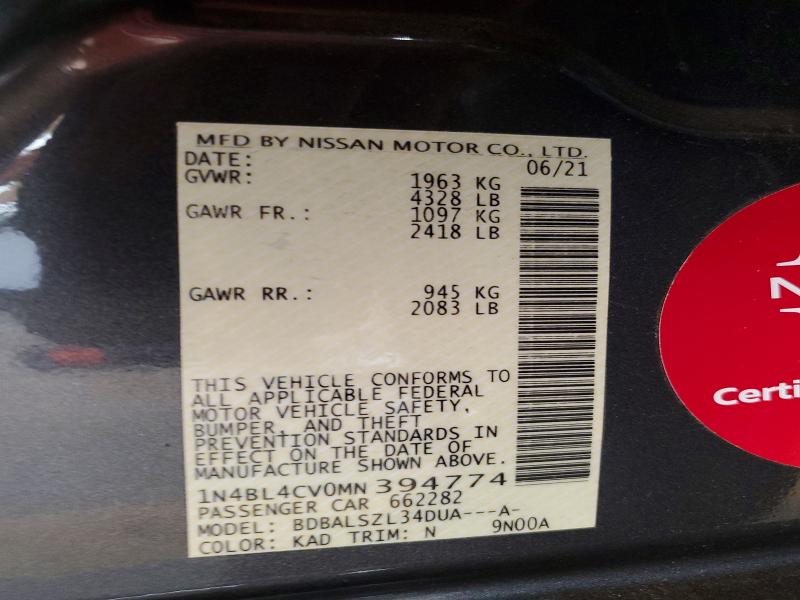 Продаж на аукціоні авто 2021 Nissan Altima, vin: 1N4BL4CV0MN394774, номер лоту: 49956836