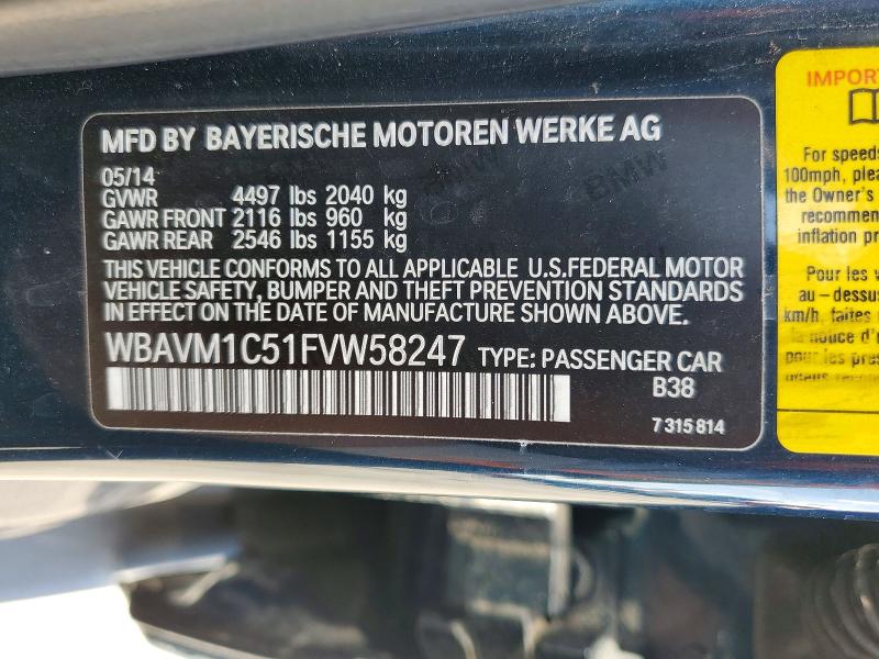 51115296 :رقم المزاد ، WBAVM1C51FVW58247 vin ، 2015 Bmw X1 مزاد بيع