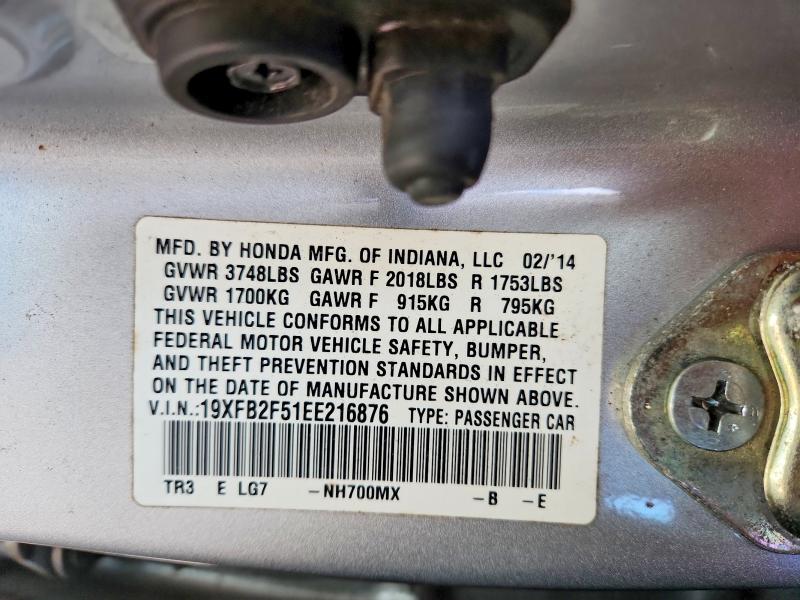 Продаж на аукціоні авто 2014 Honda Civic, vin: 19XFB2F51EE216876, номер лоту: 48572056