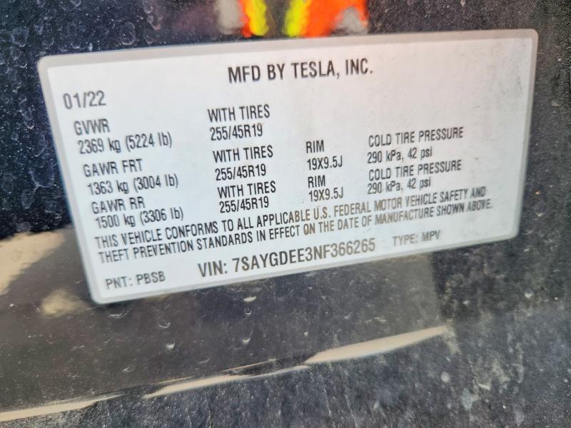 2022 Tesla Model Y მანქანა იყიდება აუქციონზე, vin: 7SAYGDEE3NF366265, აუქციონის ნომერი: 51026246