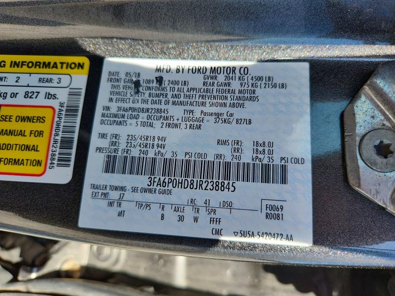 Продаж на аукціоні авто 2018 Ford Fusion, vin: 3FA6P0HD8JR238845, номер лоту: 49802166
