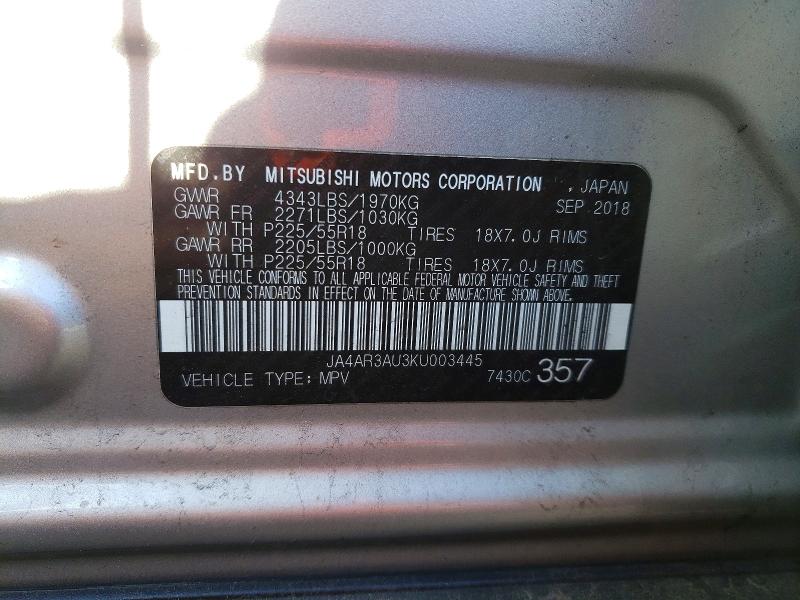2019 Mitsubishi Outlander Sport მანქანა იყიდება აუქციონზე, vin: JA4AR3AU3KU003445, აუქციონის ნომერი: 51078056