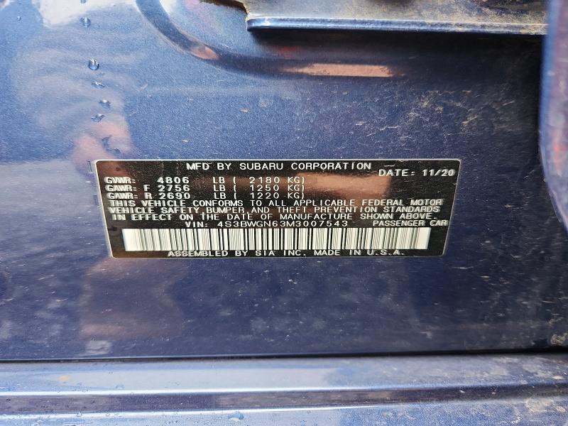 49792766 :رقم المزاد ، 4S3BWGN63M3007543 vin ، 2021 Subaru Legacy مزاد بيع
