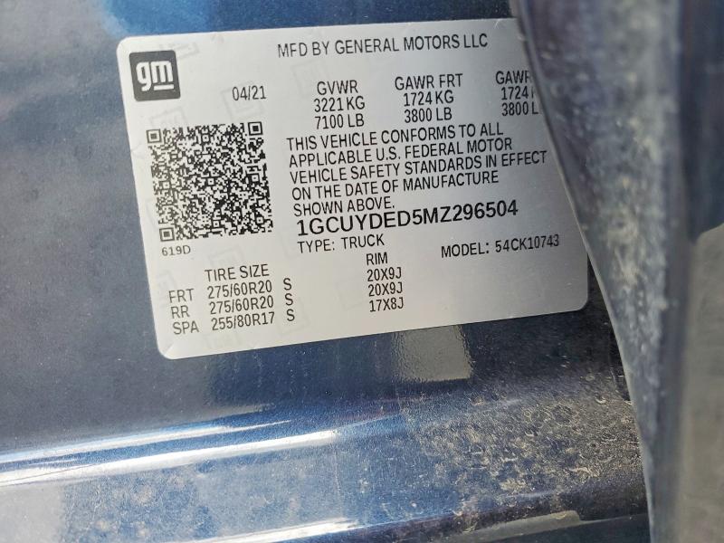 51277016 :رقم المزاد ، 1GCUYDED5MZ296504 vin ، 2021 Chevrolet Silverado مزاد بيع