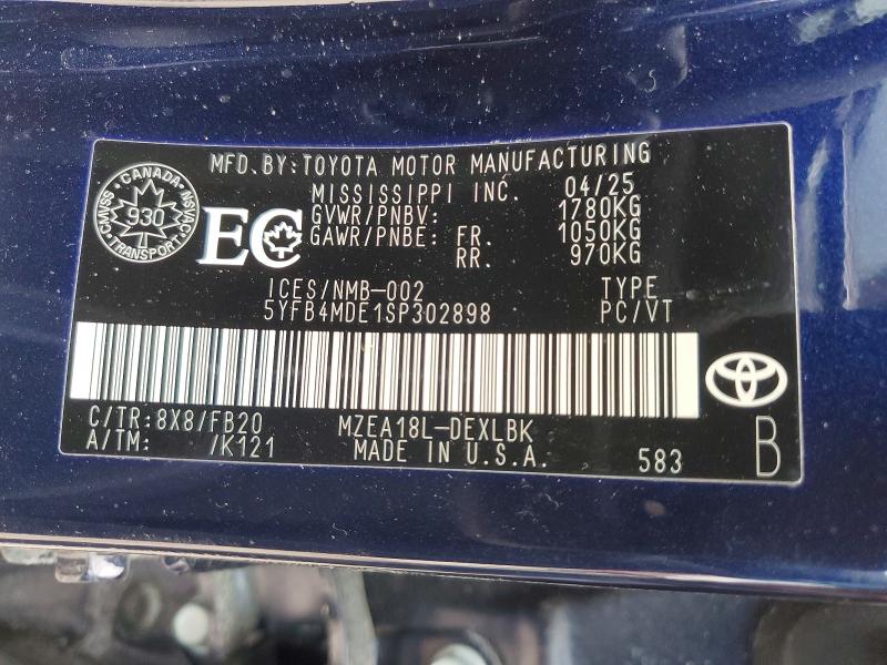 Продаж на аукціоні авто 2025 Toyota Corolla Le 4dr, vin: 5YFB4MDE1SP302898, номер лоту: 48623166
