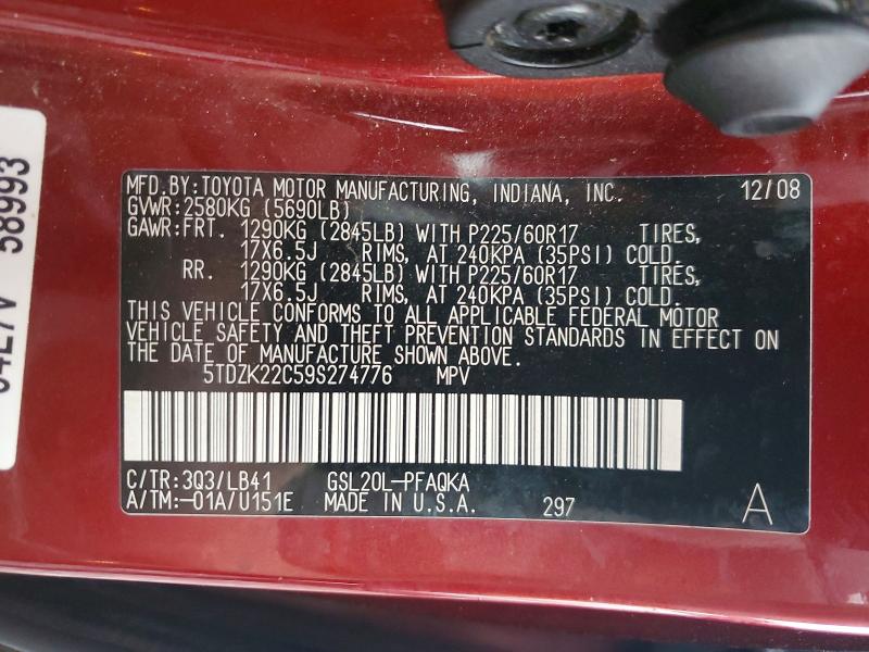 Продажа на аукционе авто 2009 Toyota Sienna, vin: 5TDZK22C59S274776, номер лота: 50619056