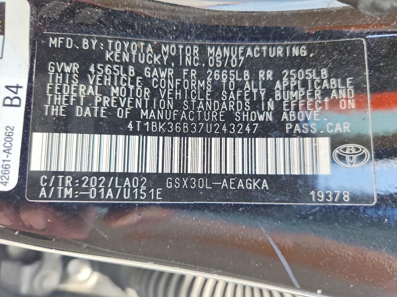50122016 :رقم المزاد ، 4T1BK36B37U243247 vin ، 2007 Toyota Avalon مزاد بيع