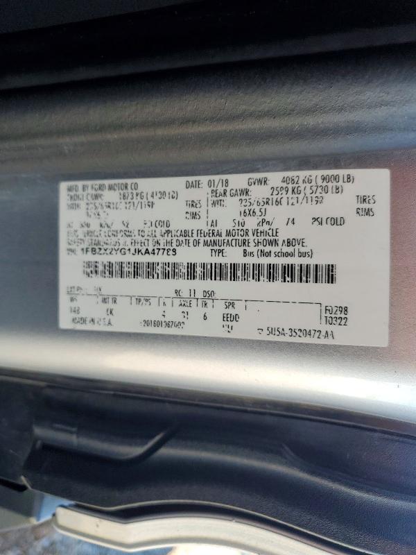 50370816 :رقم المزاد ، 1FBZX2YG1JKA47788 vin ، 2018 Ford Transit مزاد بيع