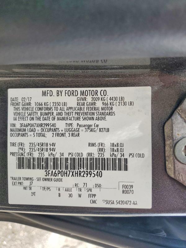 2017 Ford Fusion მანქანა იყიდება აუქციონზე, vin: 3FA6P0H7XHR299540, აუქციონის ნომერი: 49471996