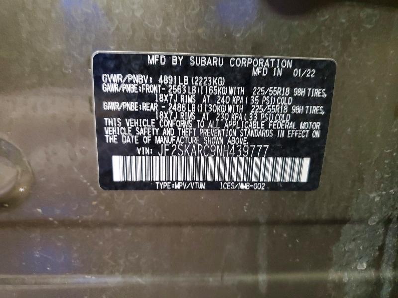 Продаж на аукціоні авто 2022 Subaru Forester, vin: JF2SKARC9NH439777, номер лоту: 51002596