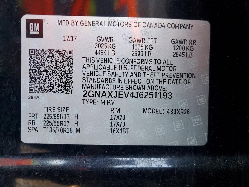 Aukcja sprzedaży 2018 Chevrolet Equinox, vin: 2GNAXJEV4J6251193, numer aukcji: 48739846