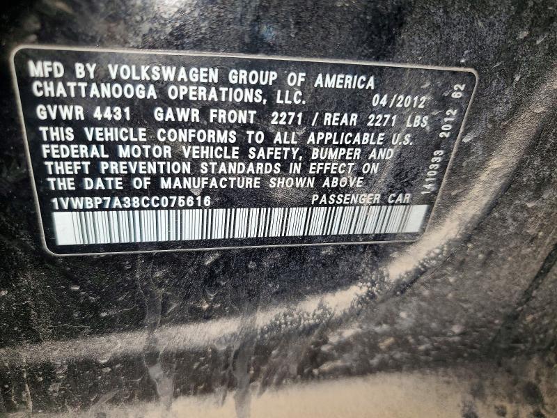 Aukcja sprzedaży 2012 Volkswagen Passat, vin: 1VWBP7A38CC075616, numer aukcji: 48858966