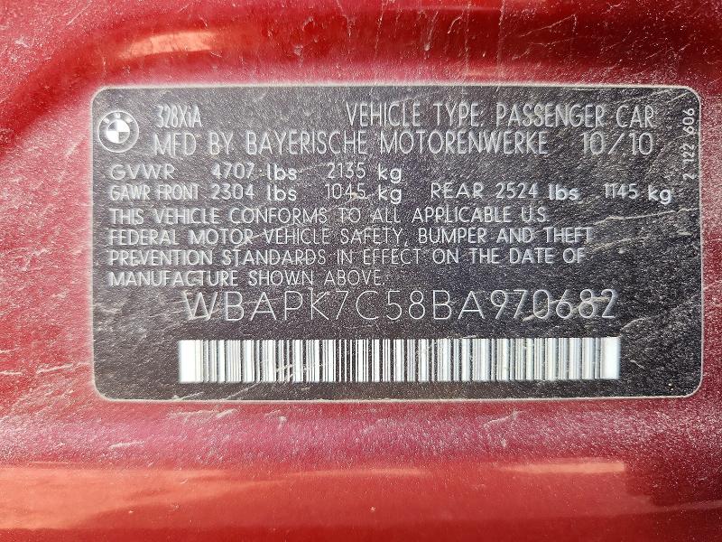 49275156 :رقم المزاد ، WBAPK7C58BA970682 vin ، 2011 Bmw 328 مزاد بيع