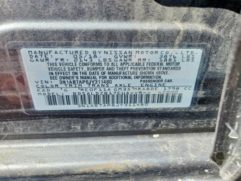 2018 Nissan Sentra მანქანა იყიდება აუქციონზე, vin: 3N1AB7AP8JY311480, აუქციონის ნომერი: 50397276