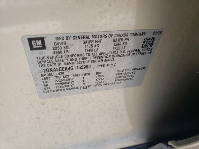 Aukcja sprzedaży 2016 Chevrolet Equinox Lt, vin: 2GNALCEK4G1152960, numer aukcji: 51348793
