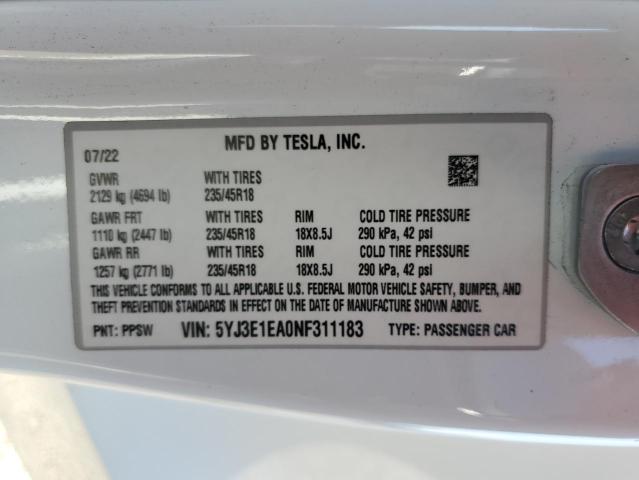 Продаж на аукціоні авто 2022 Tesla Model 3, vin: 5YJ3E1EA0NF311183, номер лоту: 48554683