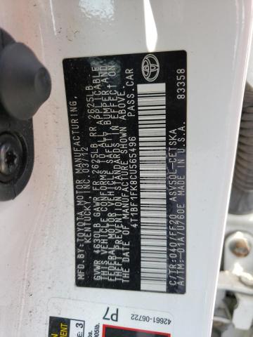 2012 Toyota Camry Base მანქანა იყიდება აუქციონზე, vin: 4T1BF1FK8CU565496, აუქციონის ნომერი: 53151213