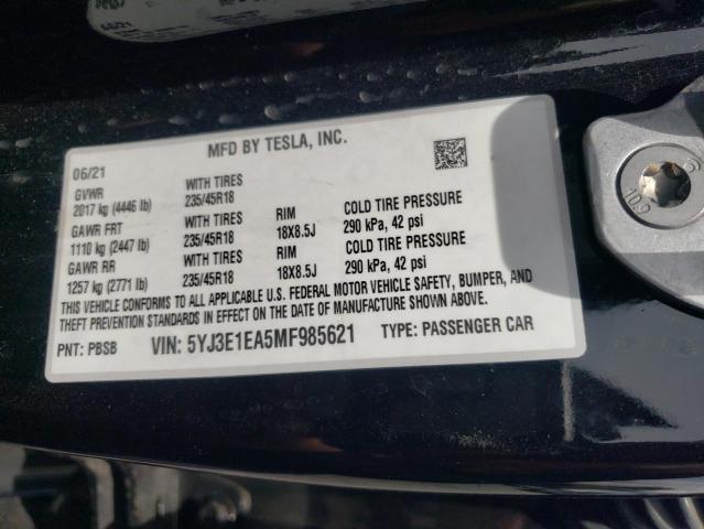 50951293 :رقم المزاد ، 5YJ3E1EA5MF985621 vin ، 2021 Tesla Model 3 مزاد بيع